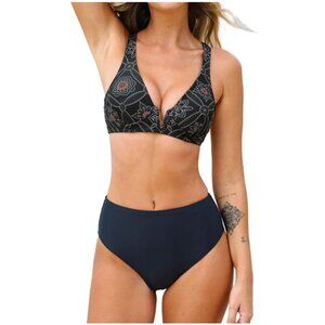 Cupshe Low Cut V Wire Bikini High Waisted Bottom Navy Floral XS NWT